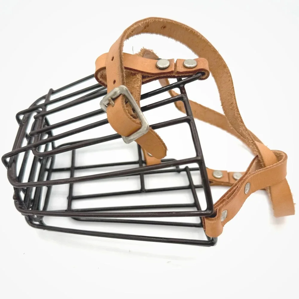 Vintage Wire Basket Dog Muzzle Leather Straps Metal Cage Adjustable Primitive